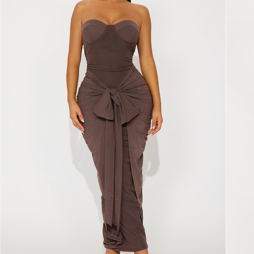 Harlow Rhinestone Mesh Maxi Dress - Brown